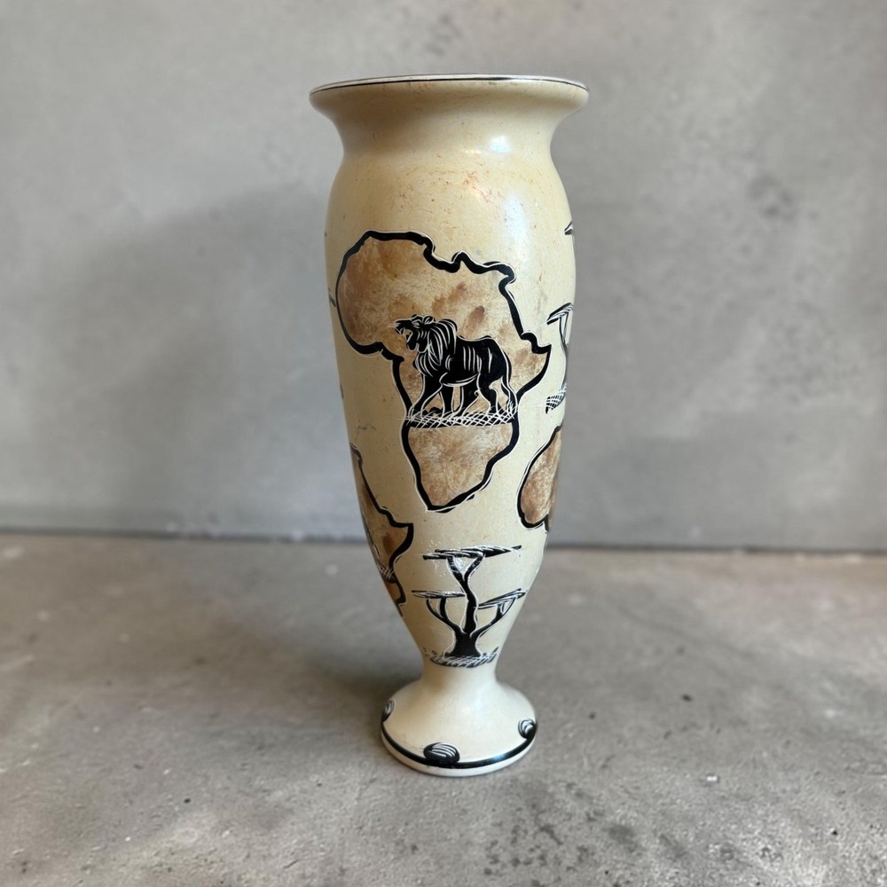 African Soapstone Vase HandCarved Safari Wildlife Lion Elephant Rhino Cream 9.5"